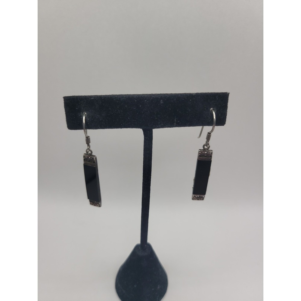 Boma 925 Sterling Silver Black Bar Dangle Earrings Rectangular Fish Hook Minimal